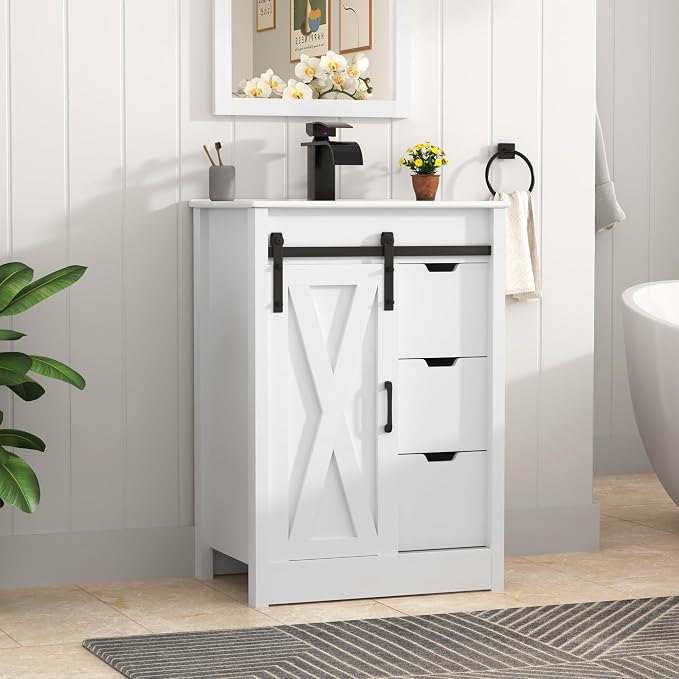 chartustriable 24 Inch Bathroom Vanity with Sink & Faucet & Mirror, Farmhouse Bathroom Vanity Cabinet Set with Sliding Barn Door & Drawers, Small Single Bath Storage Vanity Sink, White