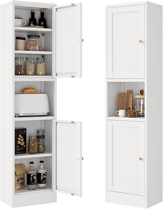 Bevivog Tall Slim Pantry Cabinet for Small Space, 67" Metal Narrow Storage Cabinets with Hutch and 3 Adjustable Shelves, Freestanding Tall Slim Bathroom Storage Cabinet, 15.7" Skinny Pantry Cabinets