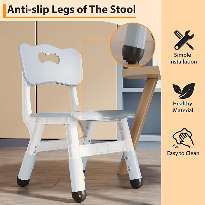 2-Pack Adjustable Kids Chairs, 3-Level Height Plastic Toddler Chair with Non-Slip Base & Stackable Design, for Home School Classroom Daycare Indoor Outdoor Use, Ages 2-8, Grey