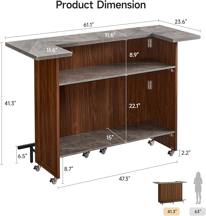 ONBRILL 61" Foldable Bar Table, Mobile Party Bar Station on Lockable Wheel