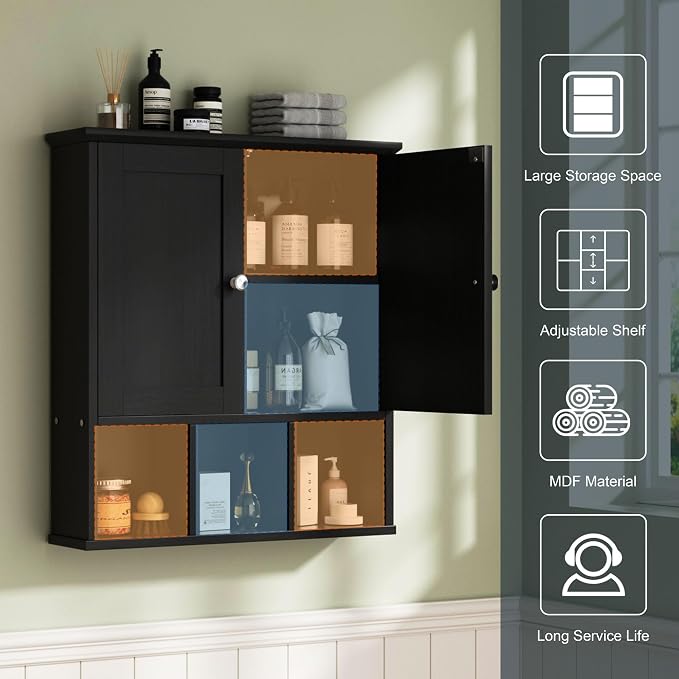 DL-win Meilocar Bathroom Wall Cabinet, Bathroom Cabinet Wall Mount Organizer Shelf for Toiletries, Towels & Essentials – Waterproof MDF, Space-Saving Bathroom Storage (Classic Black)