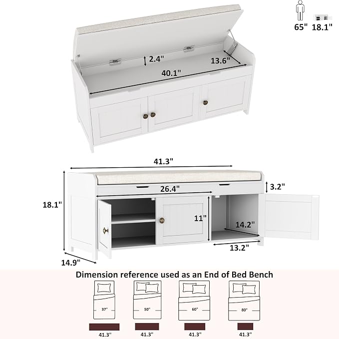 HOMEFORT 41.3" Shoe Bench with Lift Top Storage, Entryway Bench with Cushioned Seat, Wooden End of Bed Bench, Shoe Cabinet Bench with Hidden Storage Space, for Bedroom, Hallway,White