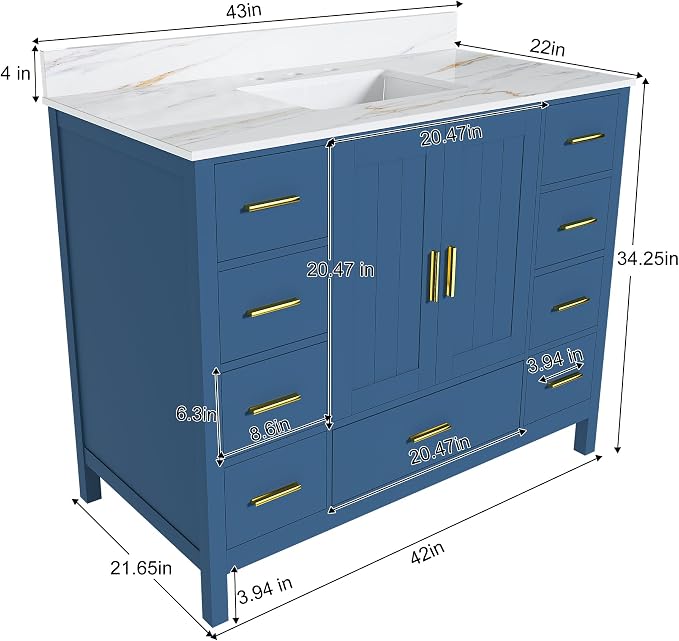 Montary 42" Bathroom Vanity with Sink & 43" Carrara Sintered Stone Top | with 3 Pre-Drilled Faucet Holes, Solid Wood Cabinet, Soft-Close Double Doors & 9 Smooth-Glide Drawers,Blue