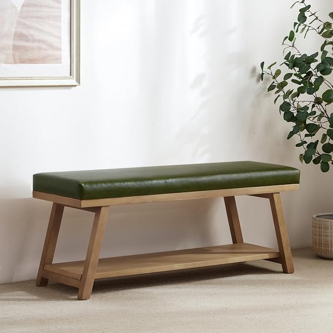 45" Entryway Bench Upholstered Storage Bench for Bedroom(PU-Green)