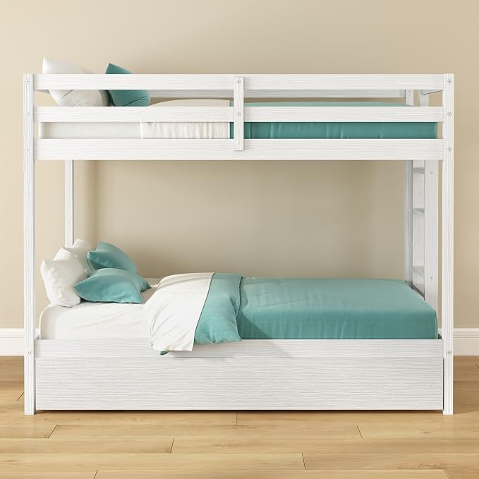Grain & Grove Bear Twin Over Twin Bunk Bed with Trundle Bed, Sturdy Bunk Bed Frame for Kids, Plywood Bunk with Ladder, Guardrail, and Slats, No Box Spring Required, Brushed White