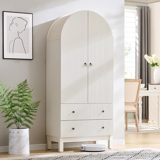 IFGET 71" Tall Arched Pantry Cabinet, Fluted Kitchen Storage Cabinet with Adjustable Shelves and 2 Large Drawers, Freestanding Morden Versatile Cupboard for Living Room, Bathroom, White