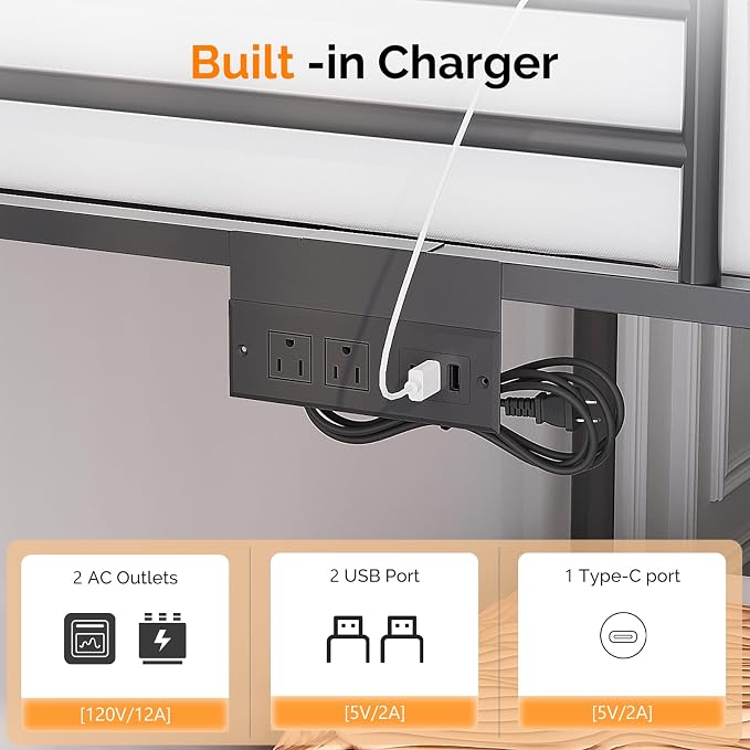 Bonnlo Metal Bunk Bed Frame Twin Over Twin with 2 Drawers, LED Lights, Safety Guardrail & Ladder, Charging Station, for Kids, Teens & Adults, Space-Saving, No Box Spring Needed, Black