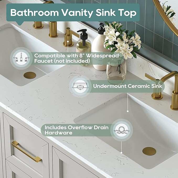 60 Inch Bathroom Vanity with Double Sink Combo, Greige | Solid Wood Frame with Marble Top & Backsplash, Fully-Assembled with 4 Soft-Closing Doors & 5 Dovetail Drawers