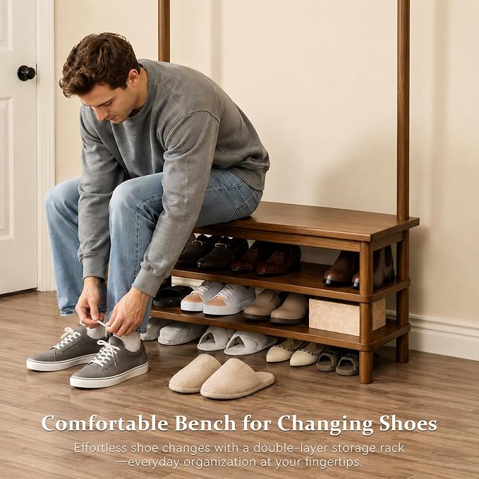 Solid Wood Hall Tree with Bench, Shoe Rack & 11 Hooks 35.0''