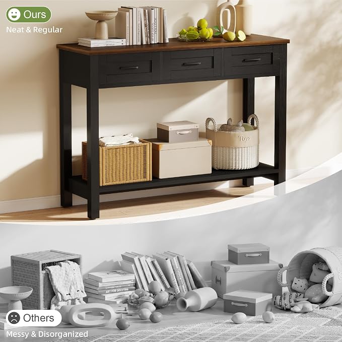 YOSHOOT 45" Farmhouse Entryway Console Table, Desk Behind the Couch with 3 Drawers and 2-Tier Shelves, Narrow Sofa Table for Hallway, Bedroom, Living Room, Black Brown