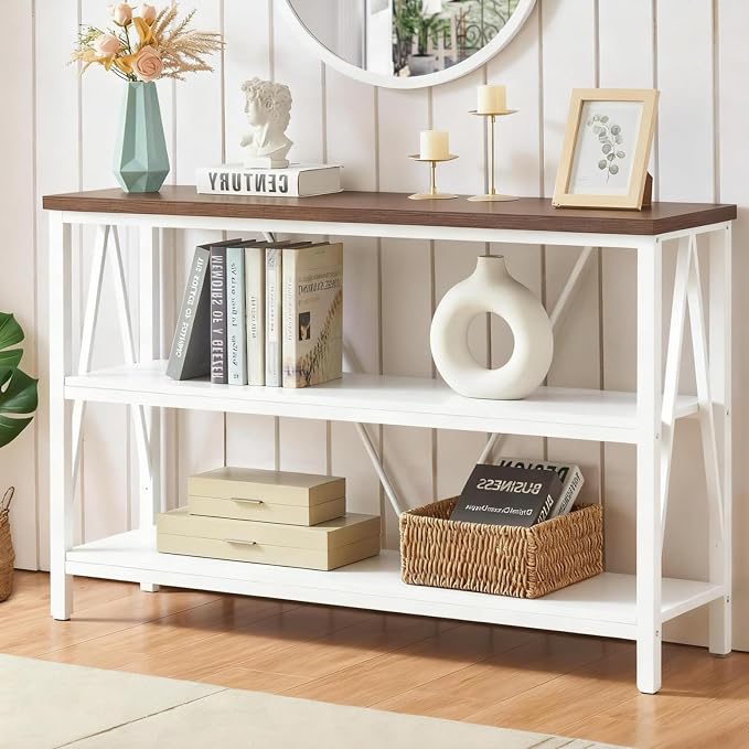Entryway Console Table, 3 Tier Entry Table with Open Shelves, White, 47 IN