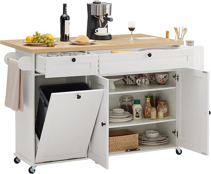ONBRILL 60" Kitchen Island with Trash Can Storage, White