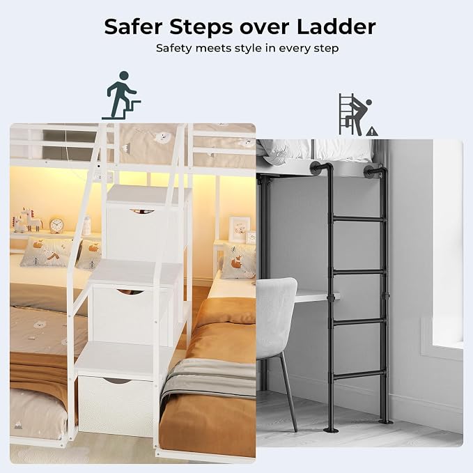 ADORNEVE Triple Bunk Bed Twin Over Twin with Storage Staircase, White
