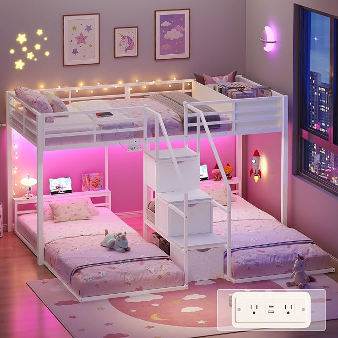 ADORNEVE Triple Bunk Bed Twin Over Twin with Storage Staircase, White