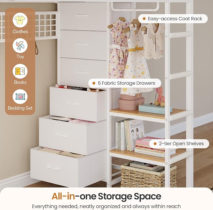 Triple Bunk Bed Twin Over Twin with 9 Storage Drawers and LED Lights, White