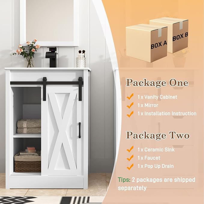 chartustriable 24 Inch Bathroom Vanity with Sink & Faucet & Mirror, Farmhouse Bathroom Vanity Cabinet Set with Sliding Barn Door & Drawers, Small Single Bath Storage Vanity Sink, White