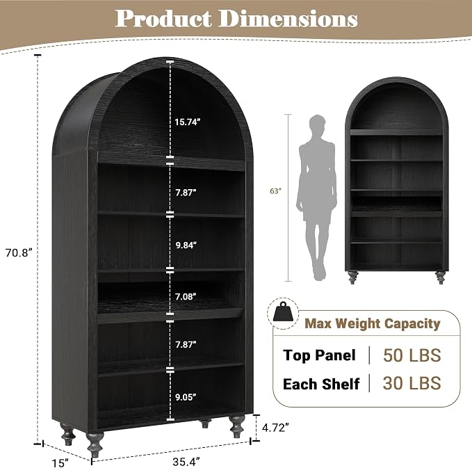 71" Tall Arch Bookcase, Modern Arched Storage Cabinet with Sensor LED Lights, 6-Tier Bookshelf with 2 Adjustable Shelves, Wood Display Cabinet for Living Room, Home Office (Black)