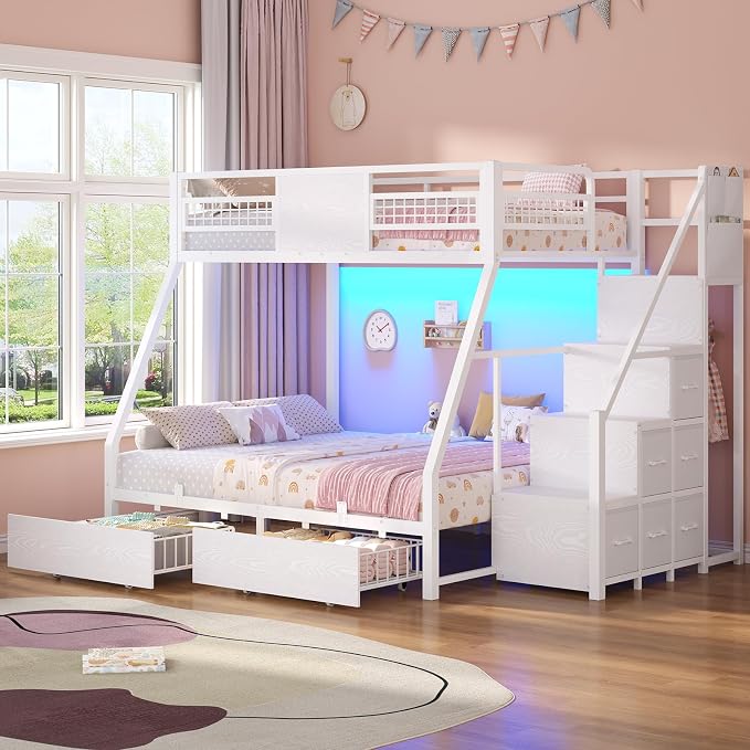 BTHFST Bunk Bed Twin Over Full with Stairs, Storage Drawers and LED Lights
