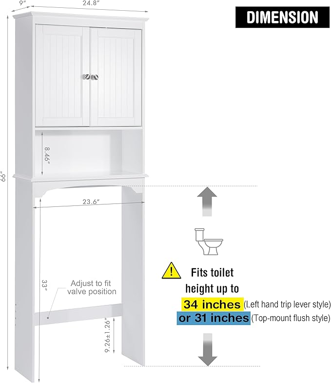 Spirich Over The Toilet Storage Cabinet with Doors, Bathroom Organizer | White, Adjustable Shelf, Anti-Tip Fitting, FSC-Certified MDF, Beadboard Design, 33.3" Toilet Clearance, Adjustable Crossbar