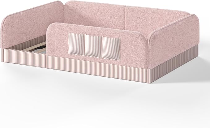 Bellemave Queen Upholstered Montessori Floor Bed with Storage Pocket,Pink