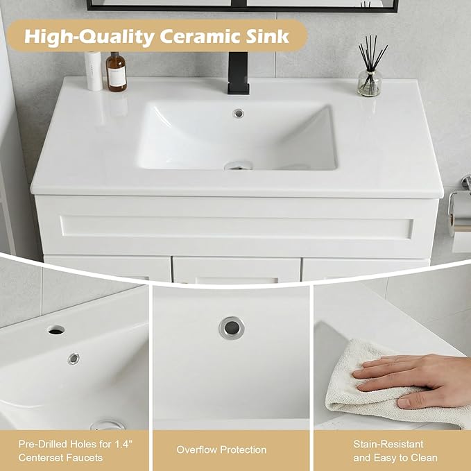 36 Inch Bathroom Vanity with Sink, Modern Wood Shaker Bathroom Vanity Cabinet with 2 Soft-Close Doors & 2 Drawers, Freestanding Bathroom Sink Storage Cabinet, Waterproof Painted Surface, White