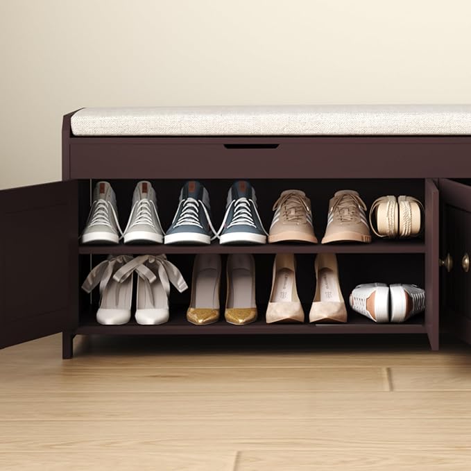 HOMEFORT 54.4" Shoe Bench with Lift Top Storage, Entryway Bench with Cushioned Seat, Wooden End of Bed Bench, Shoe Cabinet Bench with Hidden Storage Space, for Bedroom, Hallway,Espresso