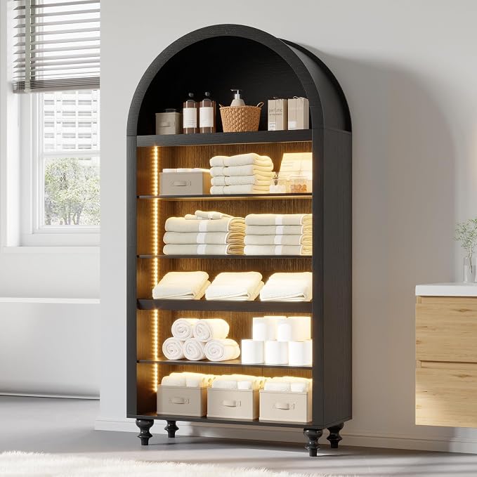 71" Tall Arch Bookcase, Modern Arched Storage Cabinet with Sensor LED Lights, 6-Tier Bookshelf with 2 Adjustable Shelves, Wood Display Cabinet for Living Room, Home Office (Black)