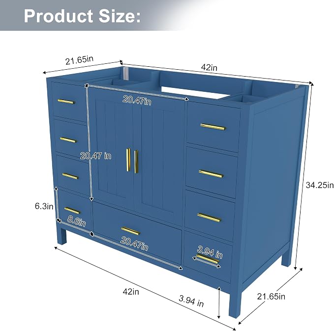 Montary 42" Modern Bathroom Vanity Base Cabinet, Solid Wood Construction | Soft-Close Double Doors & 9 Full-Extension Drawers(Basin & Top Not Included),Blue