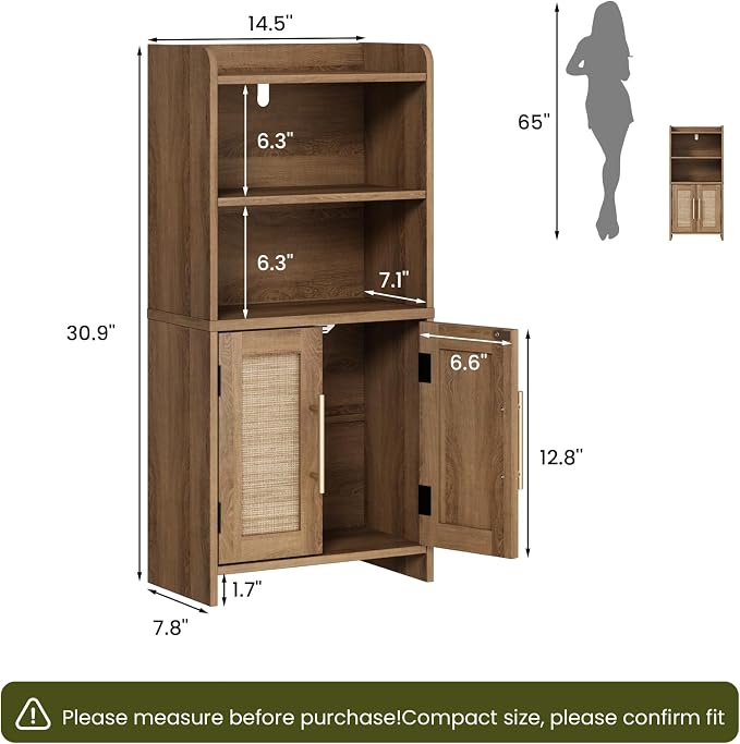 Small Bathroom Storage Cabinet with 2 Doors & Shelf,Rattan Natural | Narrow Storage Organizer, Toilet Paper Floor Cabinets Freestanding, for Small Spaces, Laundry Room, 7.8" D x 14.6" W x 31" H