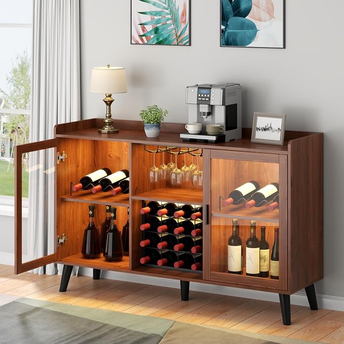 Wine Bar Cabinet with LED Light, Home Coffee Cabinet w/ Wine & Glass Holder