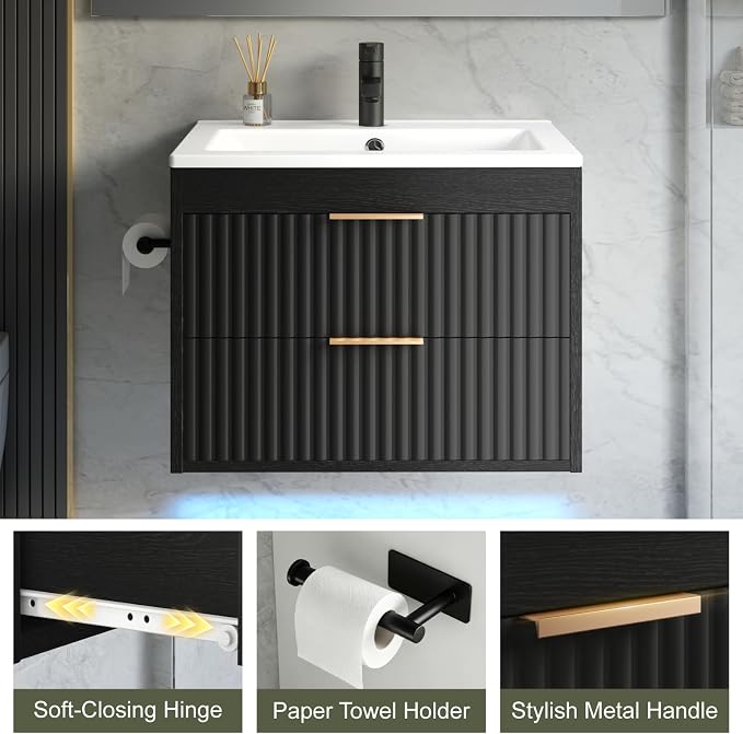 24 Inch Floating Bathroom Vanity with Sink & Towel Holder, Fluted Wall Mounted Vanity Cabinet for Small Bathroom, Modern Combo with LED Light, Metal Handle & Soft-Closing Drawers, Black