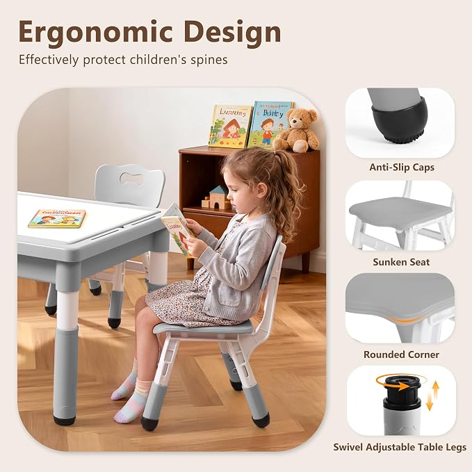Kinder King Kids Table & 2 Chairs Set, Adjustable Heights, Storage, Grey