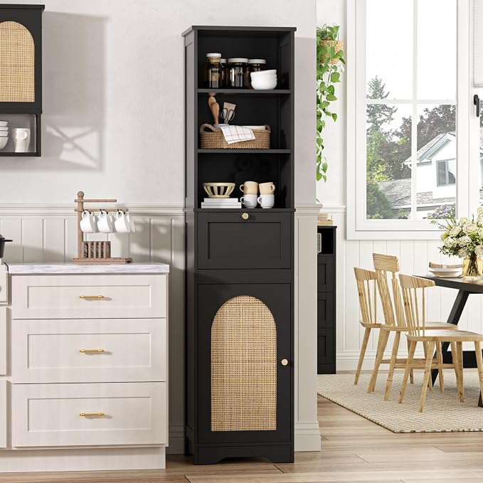 Tall Narrow Rattan Bathroom Storage Cabinet with Doors and Drawers, Black | Freestanding Skinny Tower Linen Cabinet, Rattan Door, Rattan Drawer, Adjustable Shelves, Open Storage, for Kitchen, Bathroom