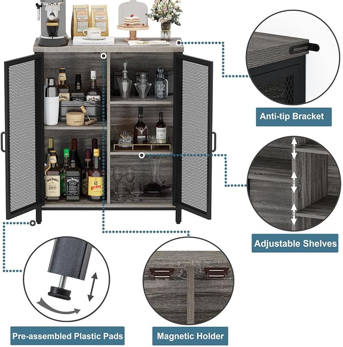 BON AUGURE Small Coffee Bar Cabinet with Storage, Farmhouse Liquor Cabinet for Home Coffee Station, Wood Sideboard Buffet with Doors for Kitchen, Dining Room, Living Room, Dark Grey Oak
