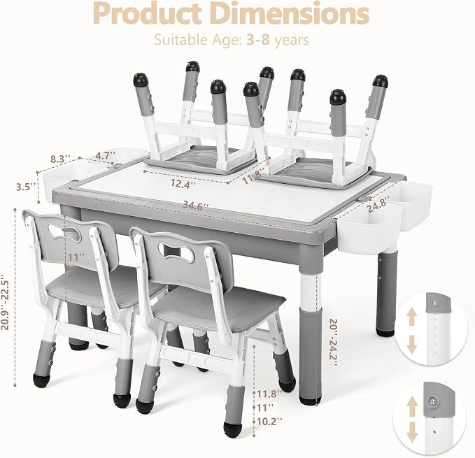 Kinder King Kids Table & 4 Chairs Set, Adjustable Heights, Storage, Grey