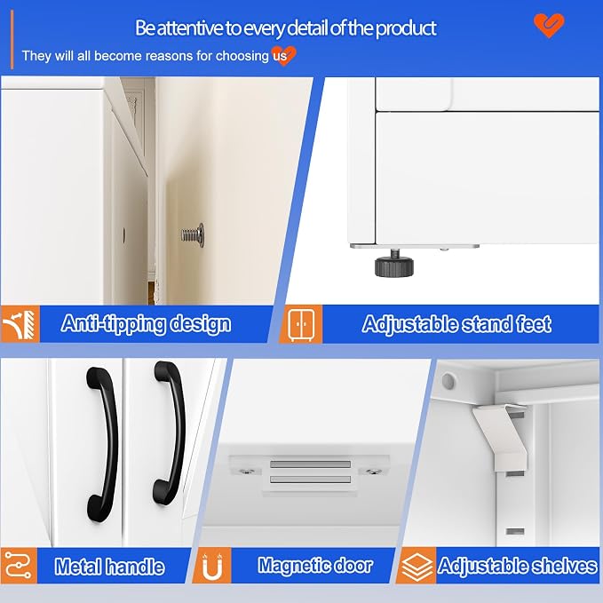 GAIOUS 43.3'' Tall Kitchen Pantry Cabinet, White Metal Storage Cabinet | with 2 Doors and 3 Adjustable Shelves, Steel Freestanding Cupboard, 4 Tier Bookcase for Dining Home Office Bathroom Bedroom