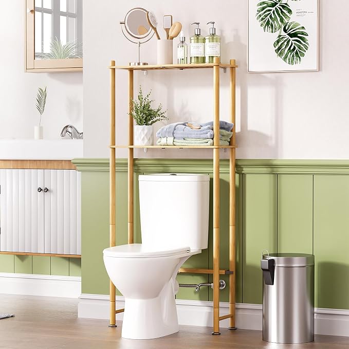 AmazerBath Bamboo Over The Toilet Storage Shelf, 2-Tier Over Toilet Organizer Rack, Freestanding Above Toilet Shelf for Bathroom, Laundry, Space Saver, Natural Color