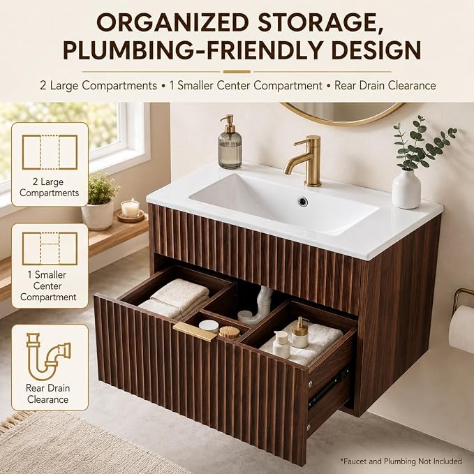 VINGLI 24 Inch Floating Bathroom Vanity with Sink, Wall-Mounted Dark Walnut Cabinet with Fluted Drawer, Divided Storage, Gold-Tone Handle and Ceramic Sink