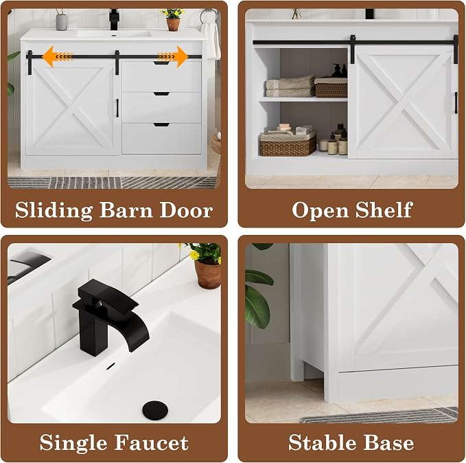 chartustriable 47 Inch Bathroom Vanity with Sink & Faucet & Mirror, Farmhouse Bathroom Vanity Cabinet Set with Sliding Barn Door & Drawers, Large Single Bath Storage Vanity Sink, White