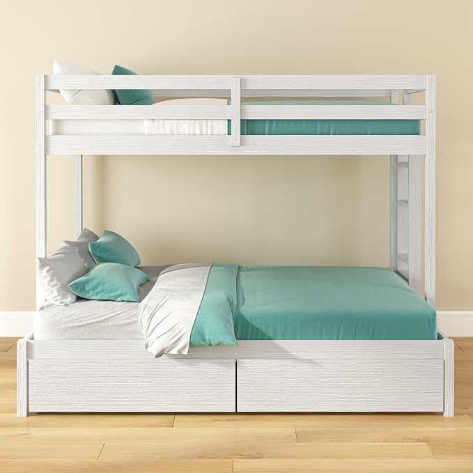 Grain & Grove Bear Twin Over Full Bunk Bed with Trundle Bed, Sturdy Bunk Bed Frame for Kids, Plywood Bunk with Ladder, Guardrail, and Slats, No Box Spring Required, Brushed White