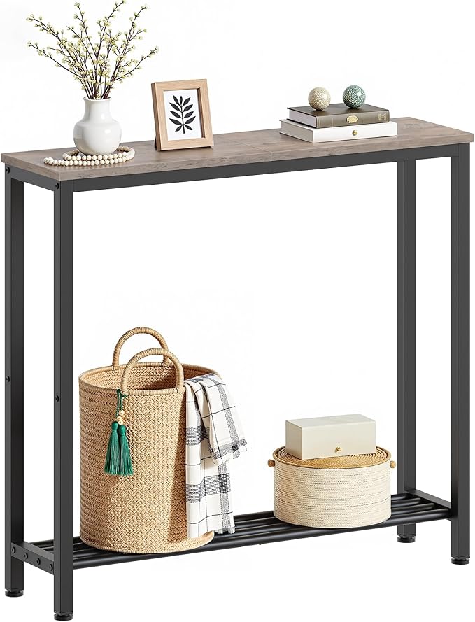 YATINEY Narrow Console Table, 2-Tier Small Sofa Table, 29.5" Thin Entryway Behind Couch Table with Shelves, Industrial Hallway Table, for Living Room, Foyer, Greige and Black CT03BG