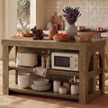 LITTLE TREE Kitchen Island with Storage, 55-Inch Large Stationary Center Island with Seating Space & 3 Shelves, Farmhouse Wooden Bar Table for Kitchen, Rustic Brown