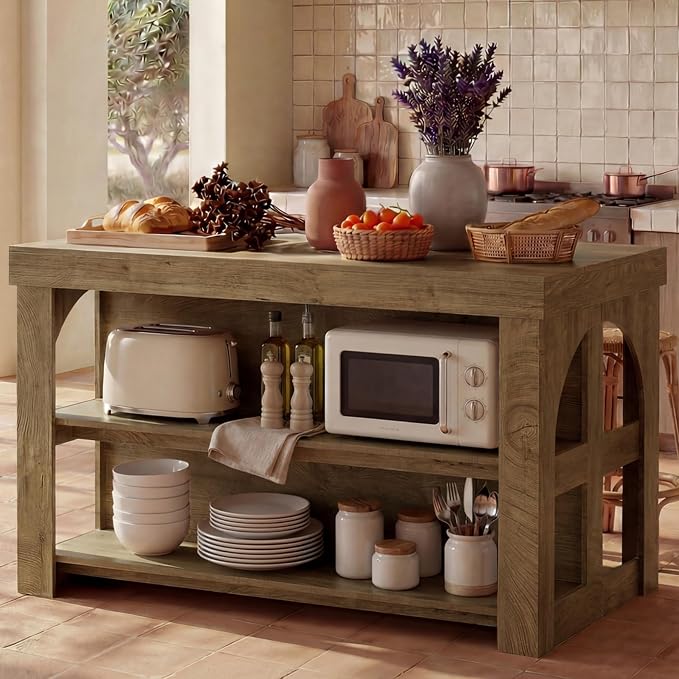 LITTLE TREE Kitchen Island with Storage, 55-Inch Large Stationary Center Island with Seating Space & 3 Shelves, Farmhouse Wooden Bar Table for Kitchen, Rustic Brown