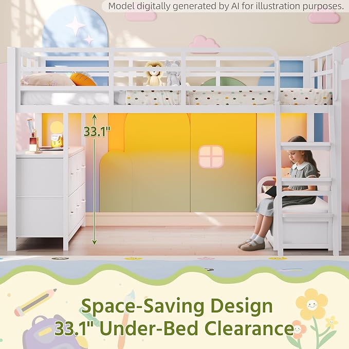 Dnxao Low Loft Bed Full Size with Desk and 9 Storage Drawers, White