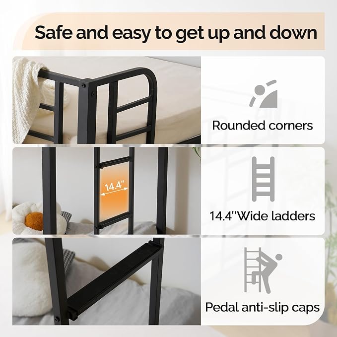 Bonnlo Metal Bunk Bed Twin Over Twin with LED Lights and Charging Station, Heavy Duty Twin Bunk Bed with 13.4-Inch Guardrails, Non-Slip Ladder, 8-Inch Underbed Storage, No Box Spring Needed, Black