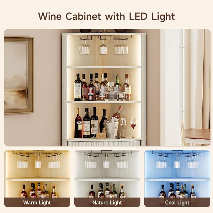 ONBRILL 72" Tall Corner Bar Cabinet with LED Light, Liquor Cabinets, White
