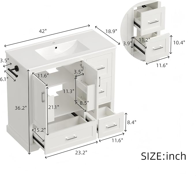 LUMISOL 42 Inch Bathroom Vanity with Ceramic Sink, Freestanding Bathroom Vanity with 4 Storage Drawers, 2 Soft Close Doors, Adjustable Shelf and Door Rack, White