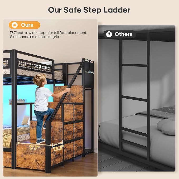 BTHFST Bunk Bed Full Over Full with Stairs, Storage Drawers and LED Lights