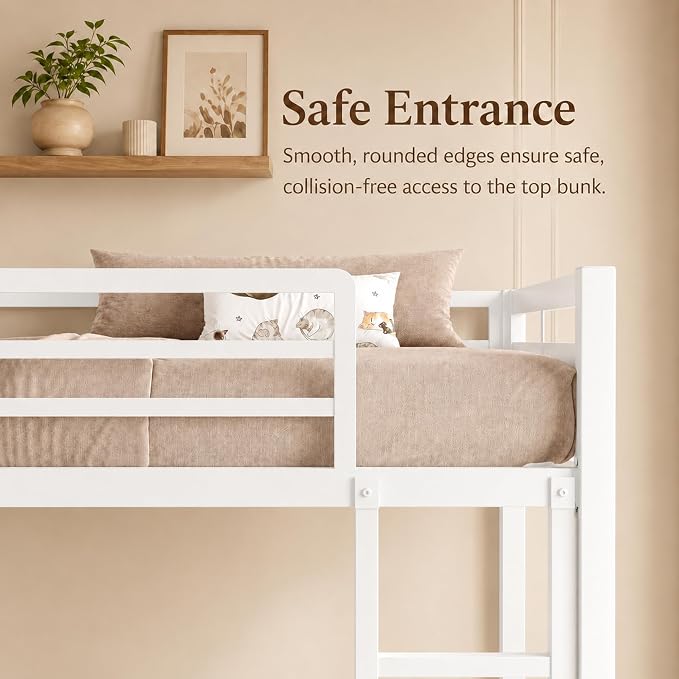 Feonase Metal Bunk Bed Full Over Full with Ladder and High Guardrail, Heavy-Duty Metal Slats Support, Noise Free, No Box Spring Needed, for Kids and Juniors, White