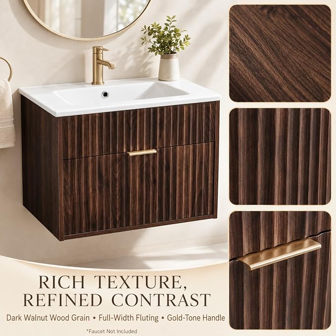 VINGLI 24 Inch Floating Bathroom Vanity with Sink, Wall-Mounted Dark Walnut Cabinet with Fluted Drawer, Divided Storage, Gold-Tone Handle and Ceramic Sink